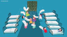 an animated image of children playing in a hospital room with beds and pillows on the floor