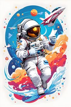 an astronaut is flying through the air with a rocket in his hand and planets around him