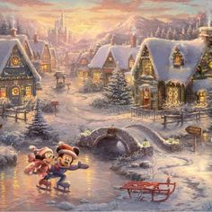 a painting of mickey and minnie mouse skating in front of a village with christmas lights