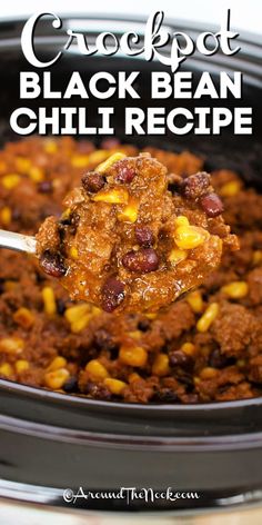 A spoon-full of this easy Crockpot black bean chili recipe being served out of the slow cooker, with a title. Black Bean Chili Crockpot, Best Black Bean Chili Recipe, Slow Cooker Black Bean Chili, Chili Season, Black Bean Chili Recipe, Beans Recipe Crockpot, Chili Recipe With Black Beans, Black Bean Casserole, Beans In Crockpot