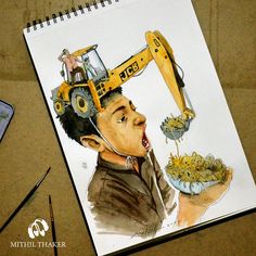 a drawing of a man with a construction truck on top of his head eating food