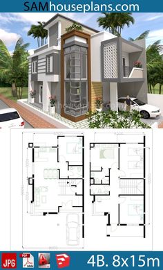 two story house plan with 3 bedroom and 2 bathrooms in the front, three car garage on