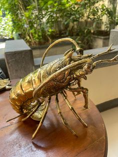 a brass sculpture of a scorpion on a wooden table with plants in the back ground