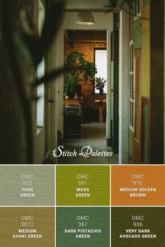 the interior paint colors are green, brown, yellow and orange in this color scheme