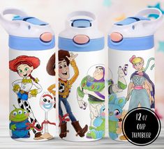 thermos are designed to look like toy story characters