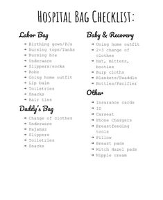 the hospital bag checklist is shown in black and white