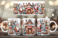 two coffee mugs with santa claus and other christmas decorations on them, sitting next to each other