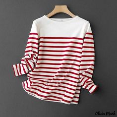 Olivia Mark - Premium Cotton Striped Long-Sleeve Base Shirt for Customers Basic Long Sleeve Shirt, Layer Shirt, Embellished Collar, Stripe Long Sleeve, Basic Shirts, Red And White Stripes, Base Layer, Striped Long Sleeve, Effortless Style