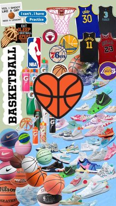 a collage of various sports items including basketballs