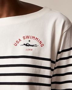 J.Crew: Limited-edition USA Swimming® X J.Crew Cropped Boatneck T-shirt In Striped Mariner Cotton For Women Swim Team Shirt, Swim Team Shirts, Usa Swimming, Polo Women, Jcrew Collection, Linen Shop, Top Graphic Tees, Team Shirts, T-shirts & Tank Tops