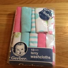 a package of baby washcloths on a wooden table