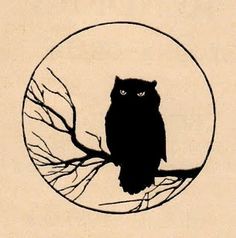 an owl sitting on top of a tree branch in front of a round frame with leaves