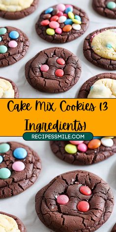 chocolate cookies with m & m candies on top and the words cake mix cookies ingredients