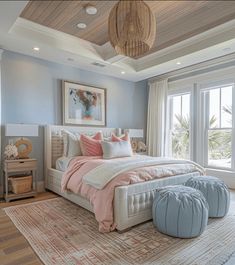 a bedroom with a large bed and two stools in front of the window, along with a rug on the floor