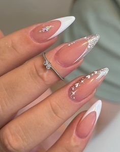 Bling Almond Nails Designs, French Tip With Design Almond, Moon And Stars Nail Designs, Glam French Tip Nails, White Almond Nails Designs, Almond Nails Inspo Aesthetic, Diamond Nail Designs Rhinestones, Graduation Nails Acrylic Almond, Simple Nails With Gems