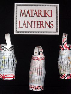 three paper bags with different designs on them and a sign that says matarki lanternens