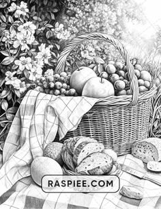 a black and white drawing of food in a basket on a checkered table cloth