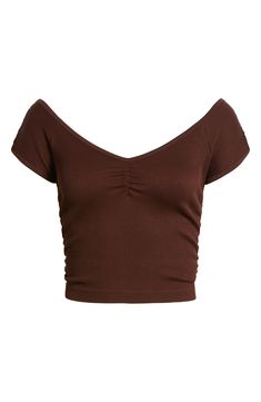 An off-the-shoulder neckline and ruched details make this stretchy, seamless top an easy fave for your weekend wardrobe. Off-the-shoulder neck Short sleeves 95% nylon, 5% spandex Machine wash, line dry Imported Not available for sale and shipment to Germany Casual Off-shoulder Ribbed Top, Casual Stretch Ruched Off-shoulder Top, Solid Ruched Off-shoulder Top, Brown Seamless V-neck Top, Seamless Off-shoulder Summer Top, Seamless Off-shoulder Top For Summer, Dark Brown Top, Executive Assistant, Seamless Top