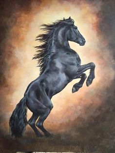 a painting of a black horse on a brown background