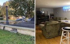 before and after photos of a living room with furniture