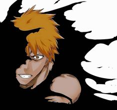 an anime character with orange hair and white eyes looking to his left, in front of black background