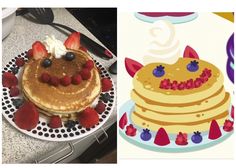 there are pancakes and strawberries on the plates next to each other, one with a cat's face