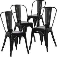 six black metal chairs with arms and backs