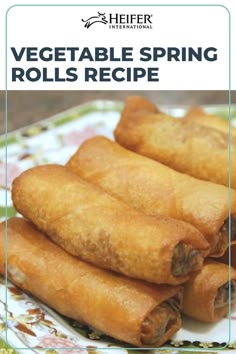 vegetable spring rolls recipe on a plate with text overlay that reads, vegetable spring rolls