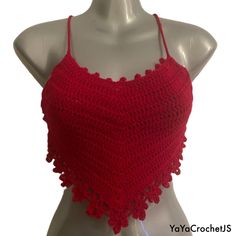 Brand new handmade crochet beautiful cute red crop top size S/M Cropped Crochet Lace Festival Tops, Cropped Crochet Lace Tops For Festival, Fitted Red Crochet Top, Red Fitted Crochet Lace Top, Fitted Red Crop Top For Beach, Red Crochet Crop Top For Summer, Bohemian Red Crochet Lace Top, Fitted Red Crochet Lace Top, Bohemian Red Summer Crop Top