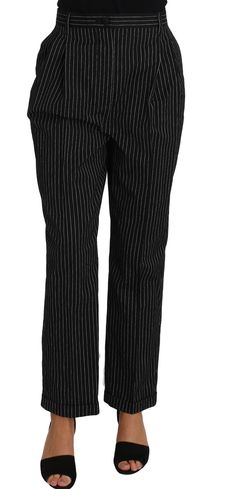 Dolce & Gabbana Elegant Black Pinstripe Dress Women's Pants Pinstripe Dress, Black Pins, Straight Trousers, Dolce E Gabbana, Black And White Colour, Fashion Outlet, Large Fashion, Straight Pants, Dolce & Gabbana