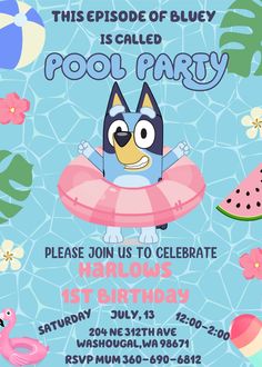 Celebrate your little one's special day with our vibrant Bluey Pool Party Birthday Invitation! This customizable digital invite features Bluey and Bingo, perfect for a fun-filled splash celebration. Personalize it effortlessly and make your child's birthday unforgettable. Dive into the excitement today!#BlueyPoolParty #BirthdayInvitation #BlueyBirthday #BlueyAndBingo #PoolPartyInvite #KidsPartyInvite #DigitalInvitation #CustomizableInvitation #SplashCelebration #SummerBirthday #PoolBirthday #BlueyTheme #PartyPlanning #CanvaTemplate #InstantDownload #EditableInvite #KidsBirthdayIdeas #FunPartyIdeas #KidsPartyDecor #BirthdayParty #PartyInvites Bingo Birthday, Ideas Fiesta