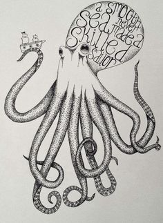 an octopus holding a ship with words above it