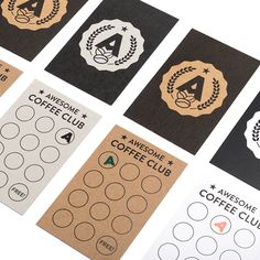 various coffee club stickers are shown here