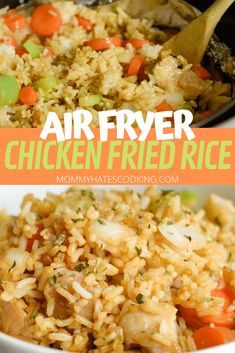 an air fryer chicken fried rice in a white bowl with carrots and celery