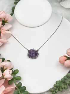 Adorable and classic amethyst cluster necklace that will never go out of style! Featuring a sterling silver box chain with a single small amethyst cluster pendant that hangs from a ring on each side. The chain is super adjustable and can be worn at 5 different lengths. While you cannot choose the exact necklace you will receive, you can select Chain adjusts from 14" to 18" with an adjustment at each inch. You will received ONE necklace that is intuitively picked for you of your selected color ra Dainty Amethyst Jewelry In White Gold, Dainty Amethyst White Gold Jewelry, Dainty White Gold Amethyst Jewelry, Dainty Lavender Amethyst Jewelry, Dainty Cluster Jewelry As A Gift, Dainty Cluster Jewelry For Gifts, Dainty Cluster Jewelry For Gift, Nickel-free Amethyst Pendant Jewelry, Dainty Amethyst Jewelry With Adjustable Chain