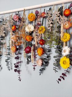 an arrangement of flowers hanging on a wall