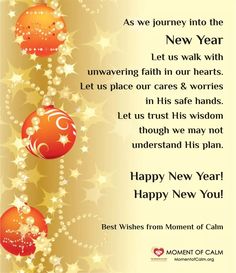 a happy new year greeting card with two red balls and stars on gold foil background