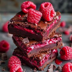 chocolate raspberry brownies stacked on top of each other with fresh raspberries