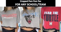 Be your team's biggest cheerleader with these awesome cropped pom pom tees. Customer selects school or team and leaves the rest up to Raritees. Go team! School Spirit Cheerleading Short Sleeve Tops, Short Sleeve Team Spirit Tops For College Events, Team Spirit Graphic Print Tops For College Events, Graphic Print Tops For College Events With Team Spirit, College Tees, Rest Up, Decorating Party, Tailgate Outfit, University Shirt