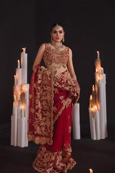 Embellished Red Bridal Saree in Net Chiffon #BN1117 Red Saree Bride, Red Bridal Saree, Saree Bride, Bridal Sarees Online, Embroidery Red, Indian Bridal Sarees, Embroidered Saree, Red Saree, Under One Roof