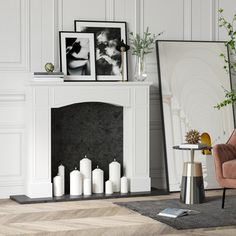 a living room filled with furniture and a fire place in front of a white fireplace