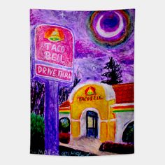 a painting of a taco bell drive thru sign in front of a purple sky