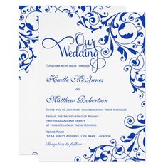 a wedding card with blue and white swirls