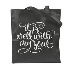 Carry your belongings in faith-filled style with these Large It Is Well with My Soul Tote Bags. The black religious tote bags feature elegant white script lettering and are big enough to hold everything from your gym wear and school supplies to you Bible study gear. Stock up on the bags to use as church giveaways or religious favor bags. Nonwoven polyester. 15" x 17" with 11 1/2" handles. OTC Bible Study Tote Bag, Bible Book, It Is Well With My Soul, Cricut Craft, Script Lettering, Cricut Craft Room, It Is Well, Books Of The Bible, Cute Bags