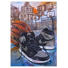 a painting of a pair of sneakers next to a basketball