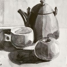 a black and white drawing of a tea pot with two apples on the table next to it