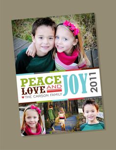 two young children are posing for a photo with the words peace, love and joy