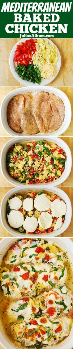 four different types of food in pans with the title tomato basil artichoke chicken