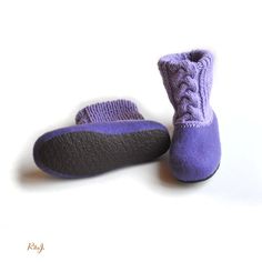 These handmade felted slippers are made using all natural products -wool, hot water and soap. It will perfectly fit for wearing inside. They are soft and so easy that even imperceptible, it will fit like your second skin. Slippers will let your feet skin breathe, because these slippers are made using only natural products. Natural wool have properties to keep your foots warm and don't sweat at the same time. Slippers are with glued rubber soles This felted slippers can be made in any size. You c Purple Winter Slippers With Round Toe, Purple Round Toe Winter Slippers, Comfortable Purple Round Toe Slippers, Felt Roses, Felted Slippers, Grey Roses, House Shoes, Natural Products, Alpaca Wool