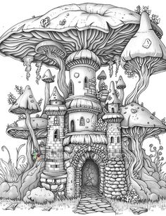 an ink drawing of a castle in the woods with mushrooms and trees on it's roof